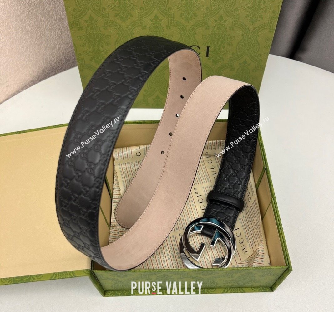 Gucci GG Leather Belt 4cm with Interlocking G Black/Silver 2024 040805 (99-240408098)