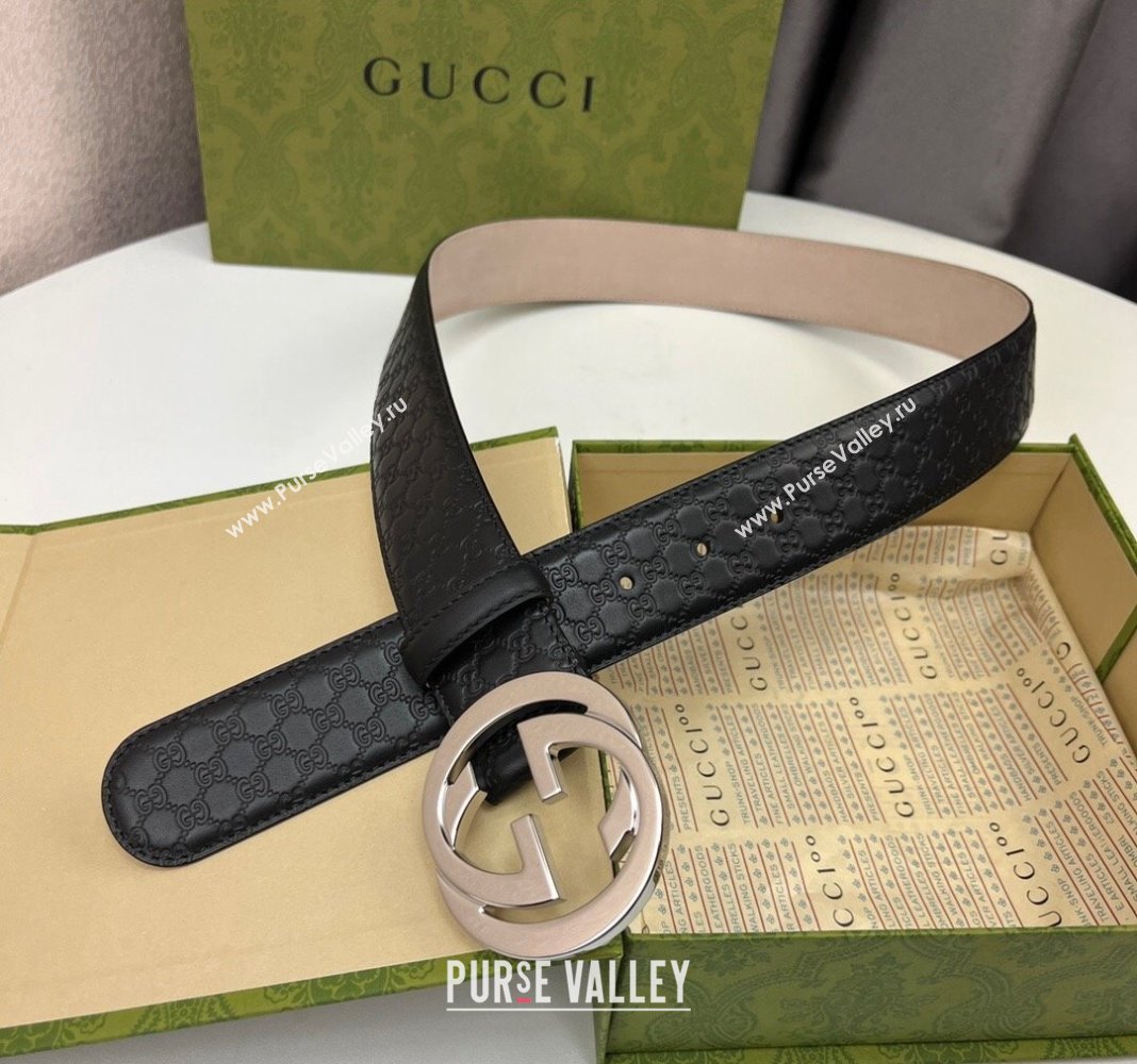 Gucci GG Leather Belt 4cm with Interlocking G Black/Silver 2024 040805 (99-240408098)