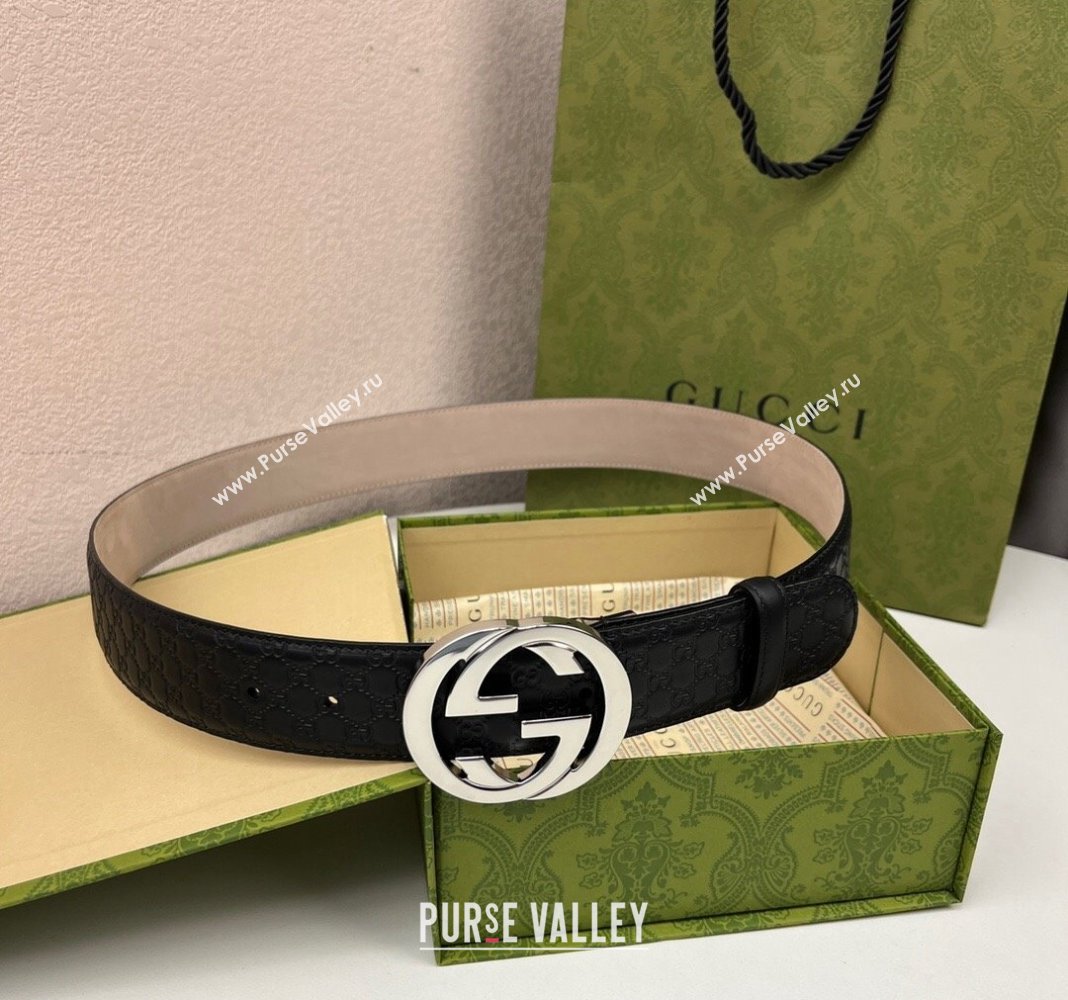 Gucci GG Leather Belt 4cm with Interlocking G Black/Silver 2024 040805 (99-240408098)