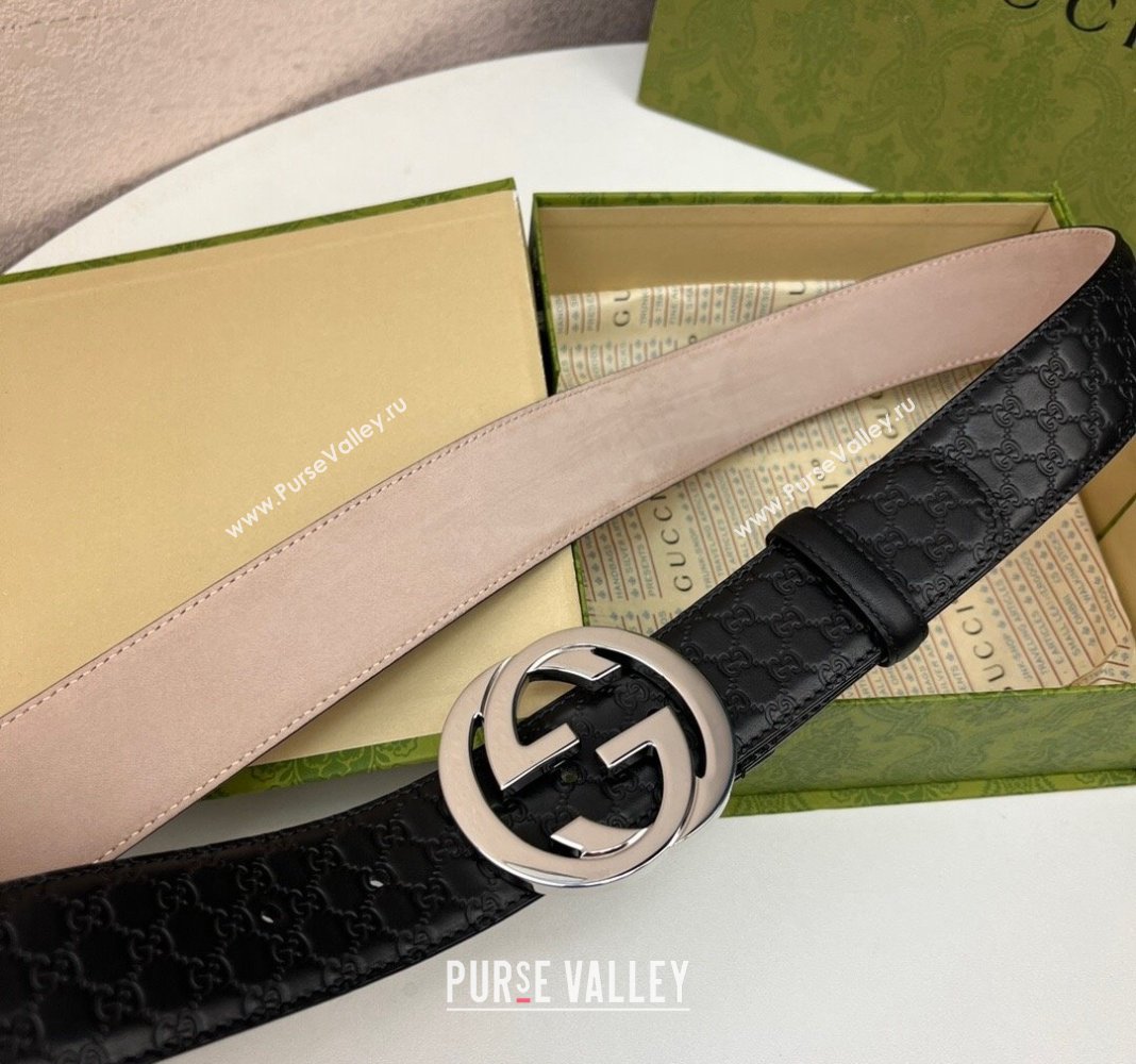Gucci GG Leather Belt 4cm with Interlocking G Black/Silver 2024 040805 (99-240408098)