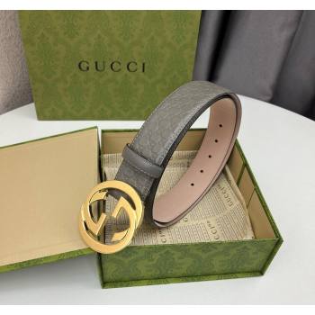 Gucci GG Leather Belt 4cm with Interlocking G Grey/Gold 2024 040805 (99-240408102)