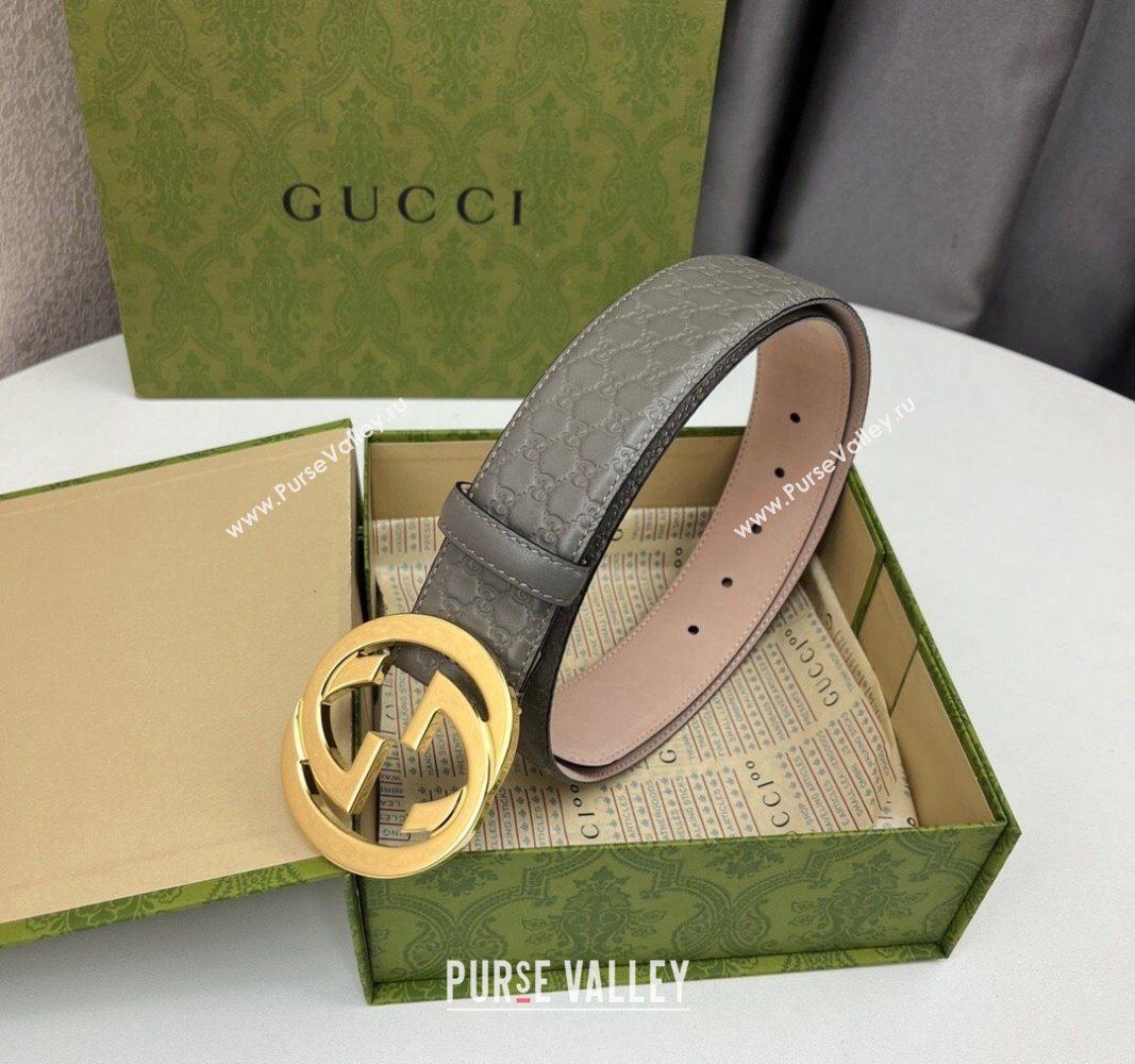 Gucci GG Leather Belt 4cm with Interlocking G Grey/Gold 2024 040805 (99-240408102)