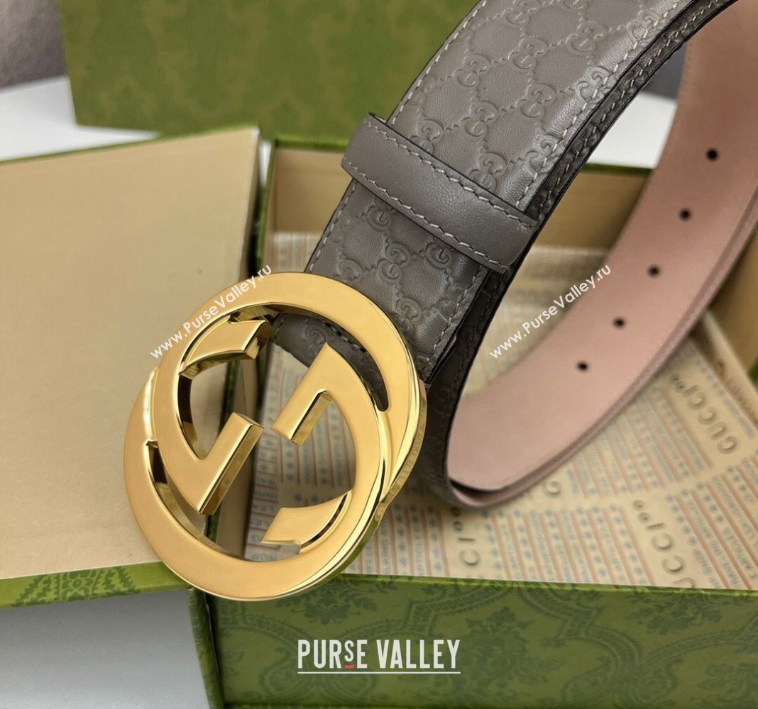 Gucci GG Leather Belt 4cm with Interlocking G Grey/Gold 2024 040805 (99-240408102)