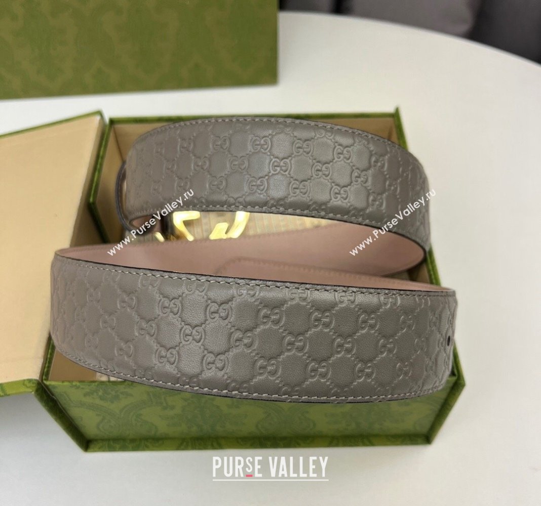 Gucci GG Leather Belt 4cm with Interlocking G Grey/Gold 2024 040805 (99-240408102)