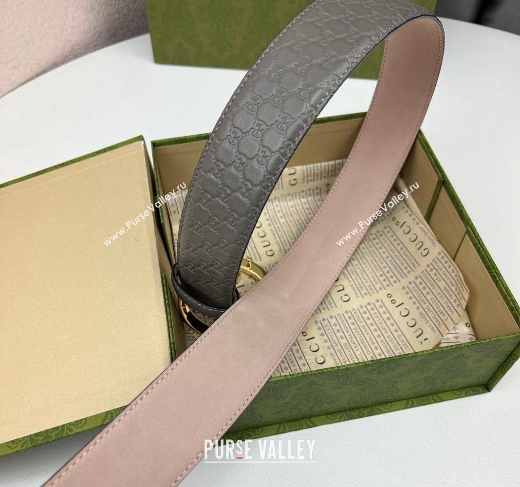 Gucci GG Leather Belt 4cm with Interlocking G Grey/Gold 2024 040805 (99-240408102)