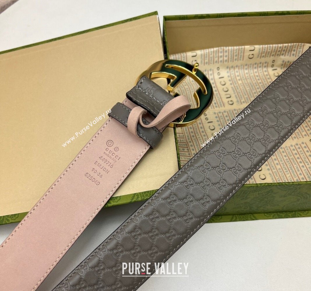 Gucci GG Leather Belt 4cm with Interlocking G Grey/Gold 2024 040805 (99-240408102)