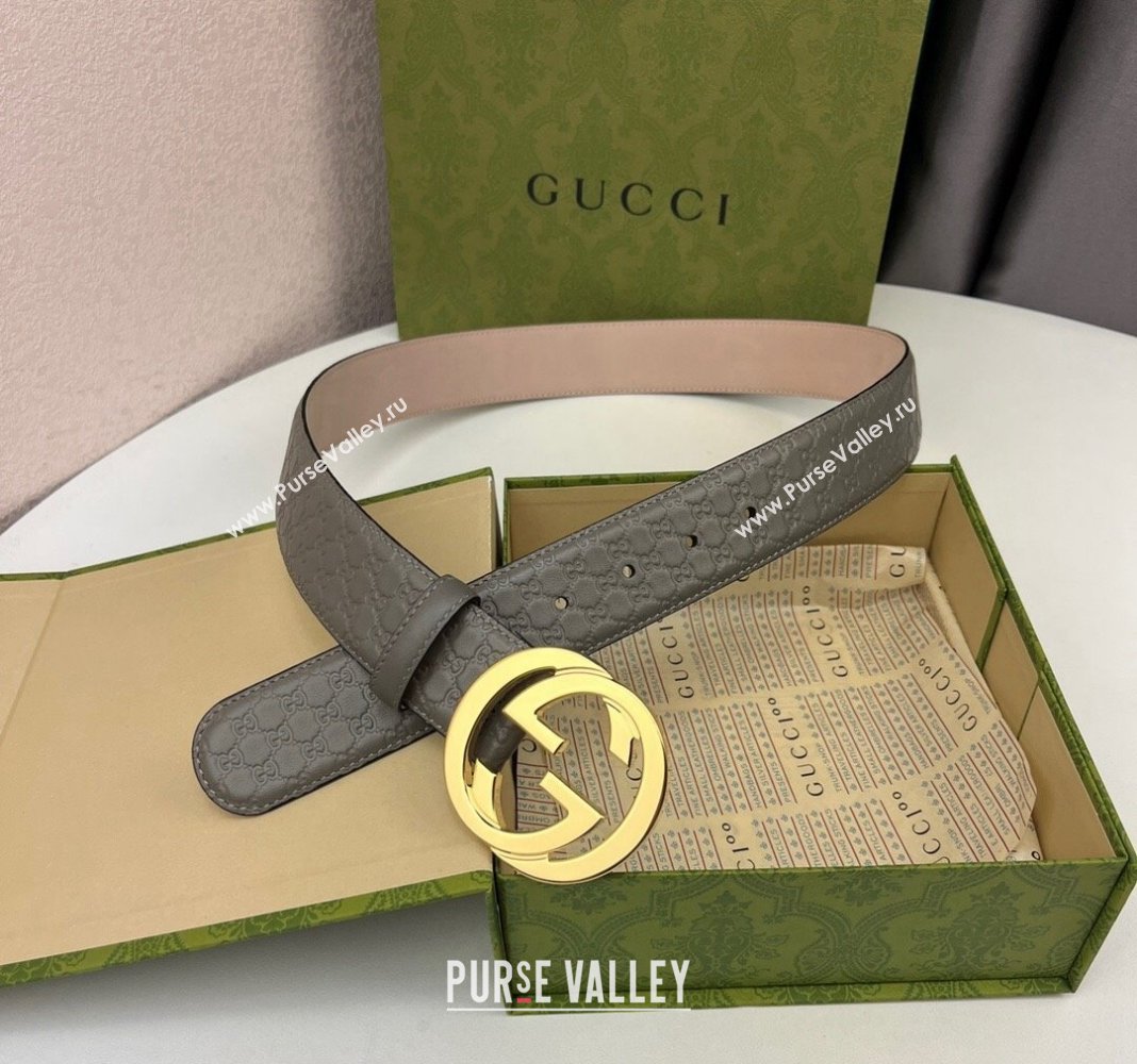 Gucci GG Leather Belt 4cm with Interlocking G Grey/Gold 2024 040805 (99-240408102)