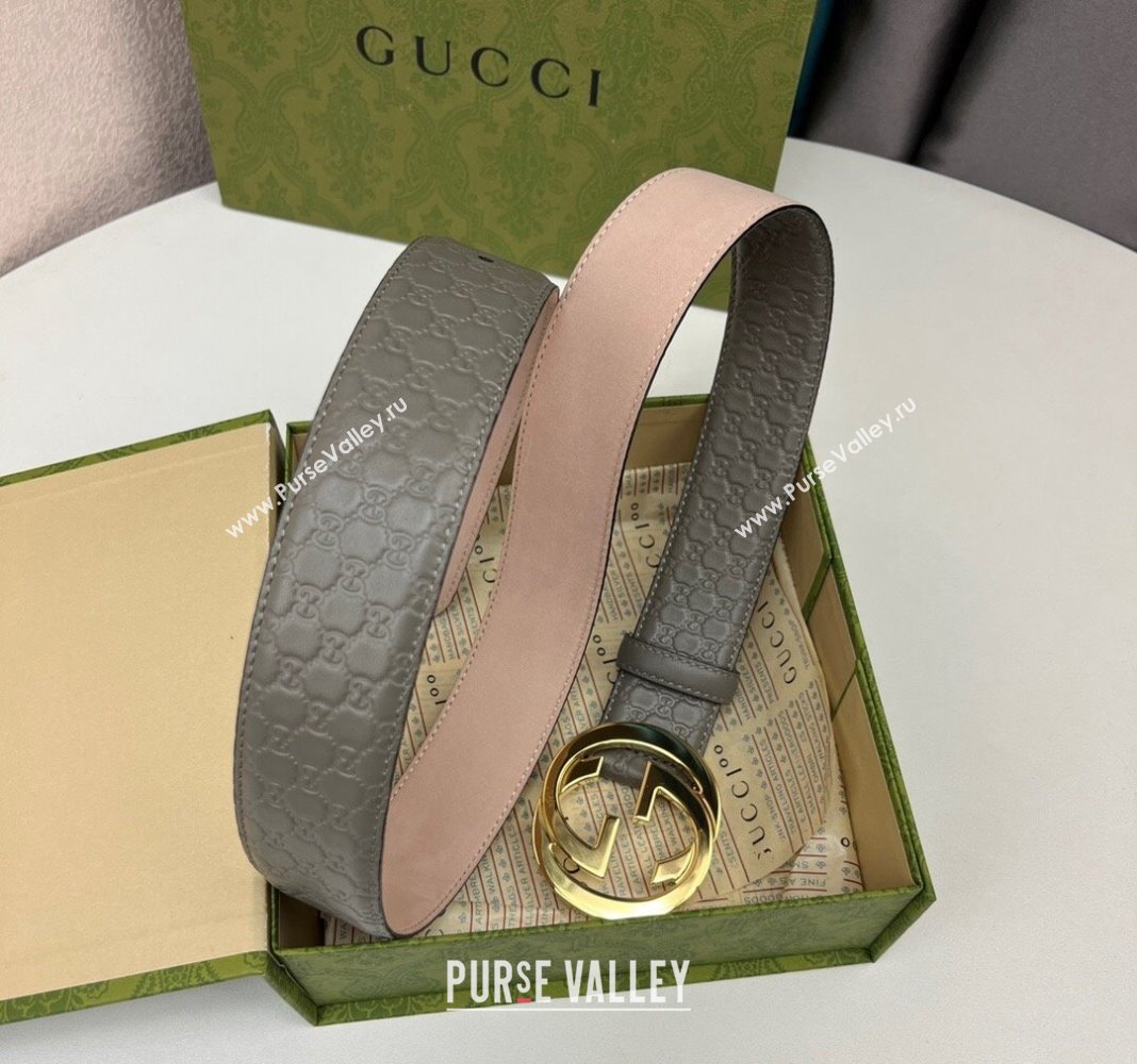 Gucci GG Leather Belt 4cm with Interlocking G Grey/Gold 2024 040805 (99-240408102)