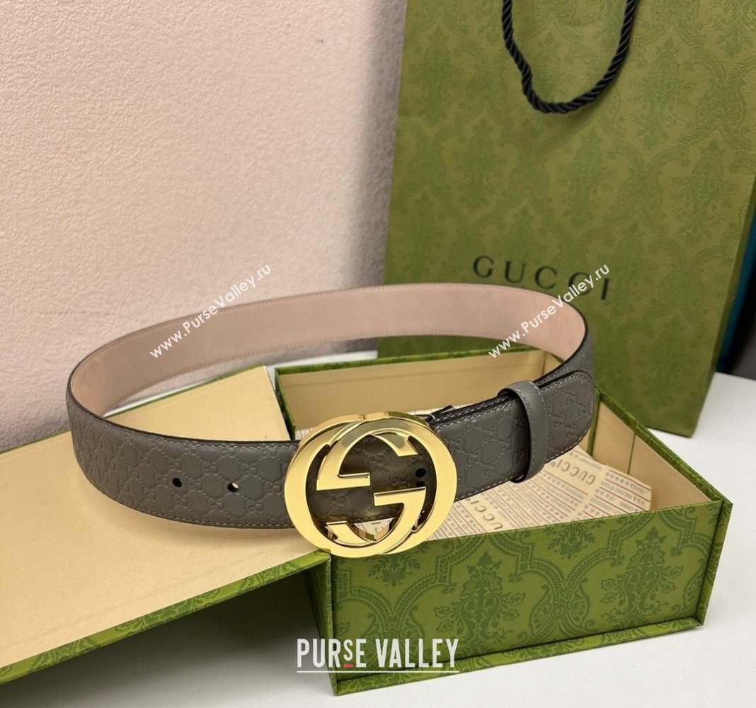 Gucci GG Leather Belt 4cm with Interlocking G Grey/Gold 2024 040805 (99-240408102)