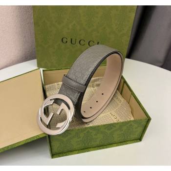 Gucci GG Leather Belt 4cm with Interlocking G Grey/Silver 2024 040805 (99-240408103)