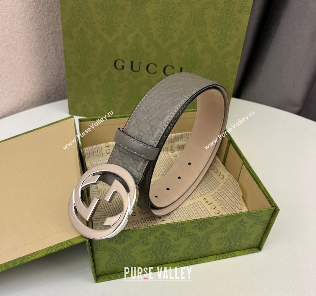 Gucci GG Leather Belt 4cm with Interlocking G Grey/Silver 2024 040805 (99-240408103)