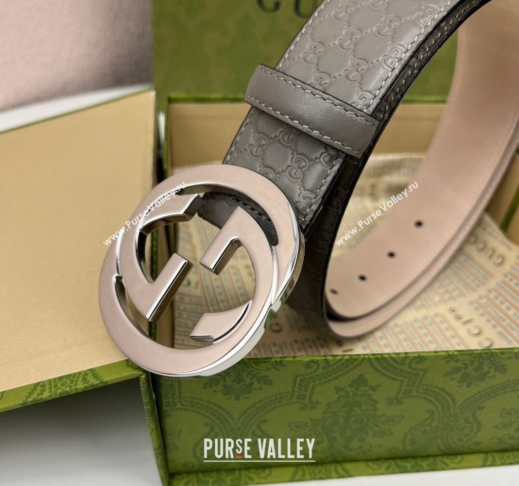 Gucci GG Leather Belt 4cm with Interlocking G Grey/Silver 2024 040805 (99-240408103)