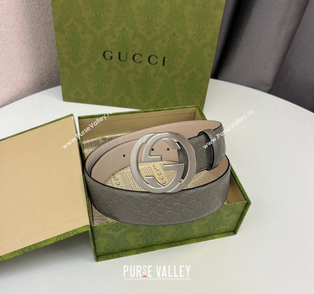 Gucci GG Leather Belt 4cm with Interlocking G Grey/Silver 2024 040805 (99-240408103)