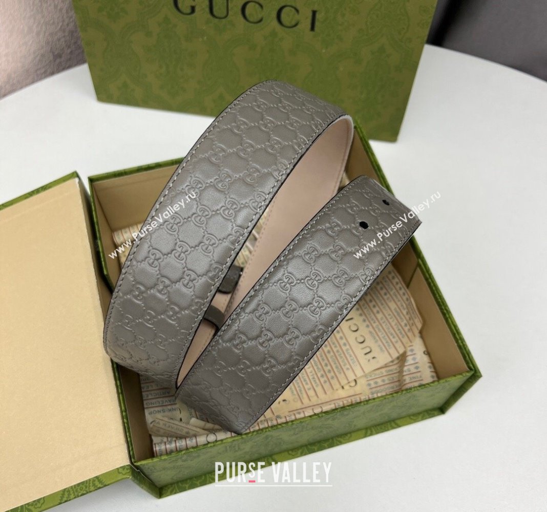Gucci GG Leather Belt 4cm with Interlocking G Grey/Silver 2024 040805 (99-240408103)
