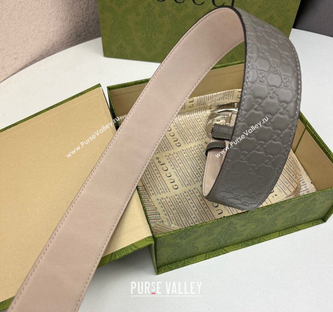 Gucci GG Leather Belt 4cm with Interlocking G Grey/Silver 2024 040805 (99-240408103)