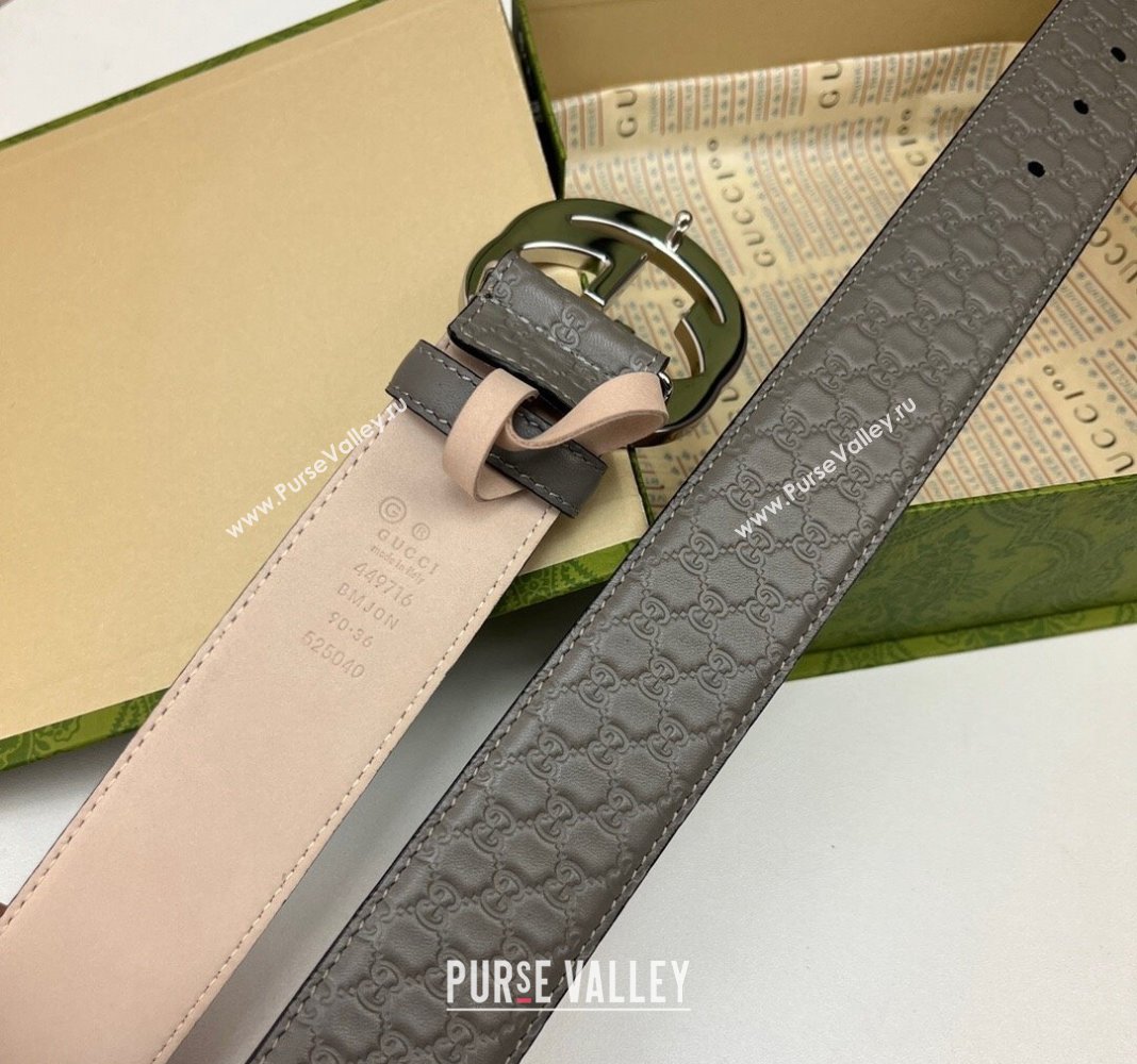 Gucci GG Leather Belt 4cm with Interlocking G Grey/Silver 2024 040805 (99-240408103)