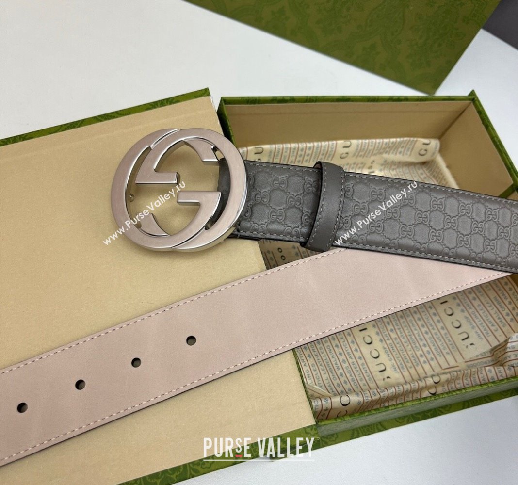Gucci GG Leather Belt 4cm with Interlocking G Grey/Silver 2024 040805 (99-240408103)