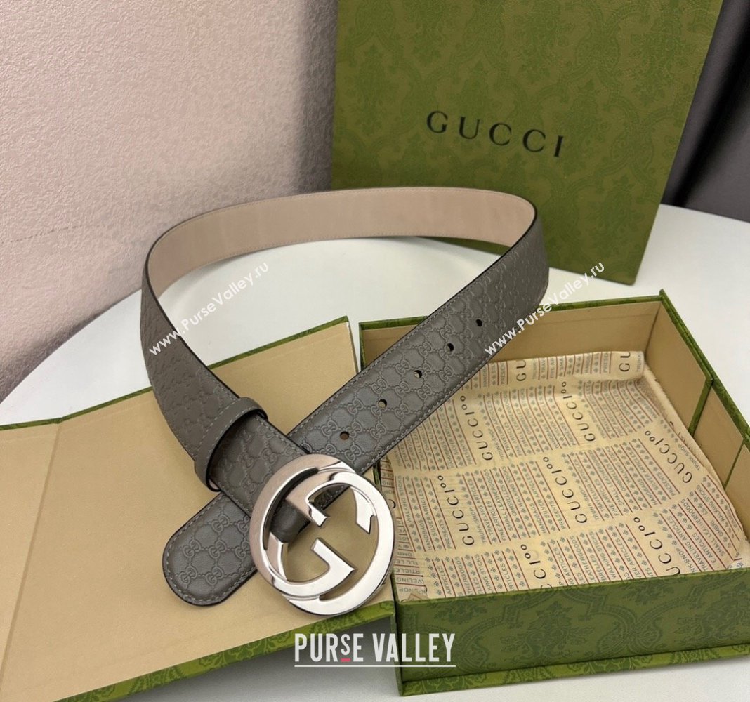Gucci GG Leather Belt 4cm with Interlocking G Grey/Silver 2024 040805 (99-240408103)