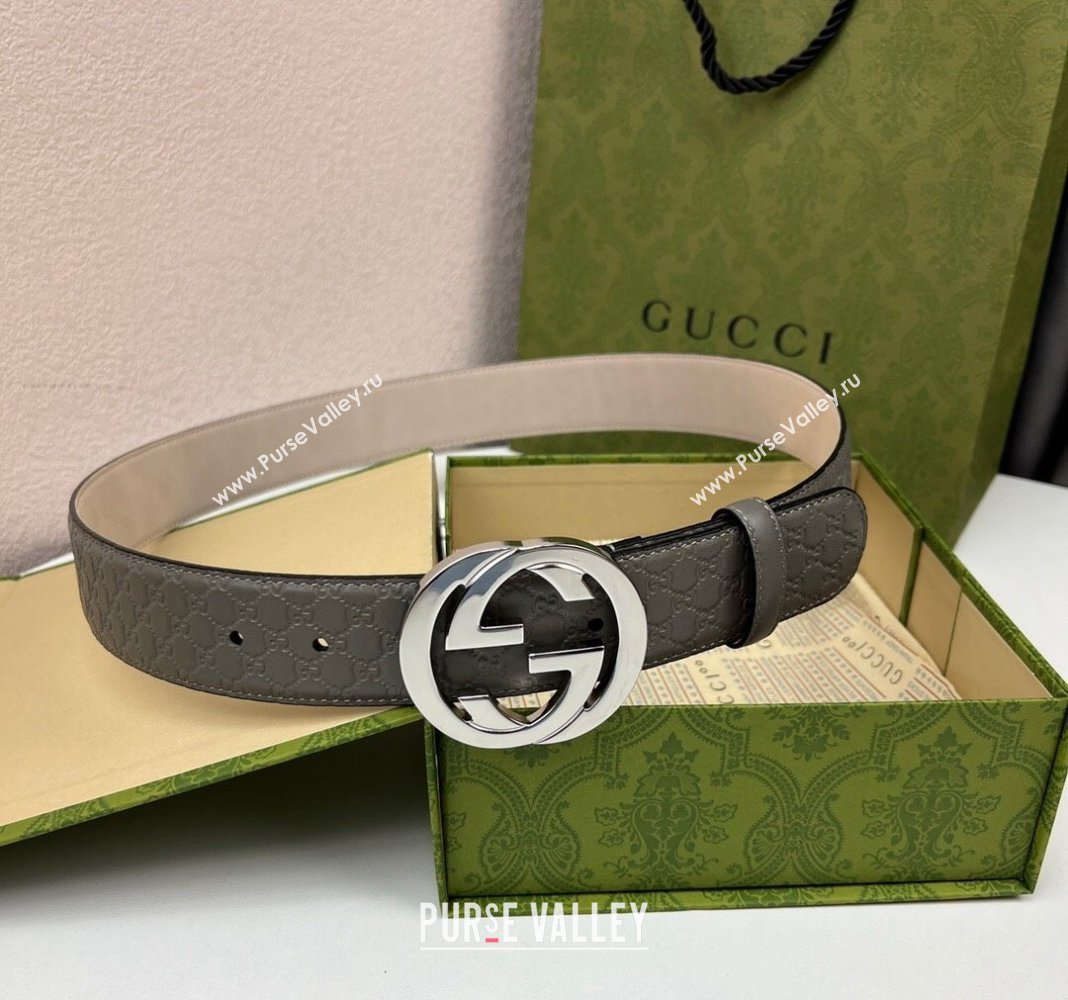 Gucci GG Leather Belt 4cm with Interlocking G Grey/Silver 2024 040805 (99-240408103)