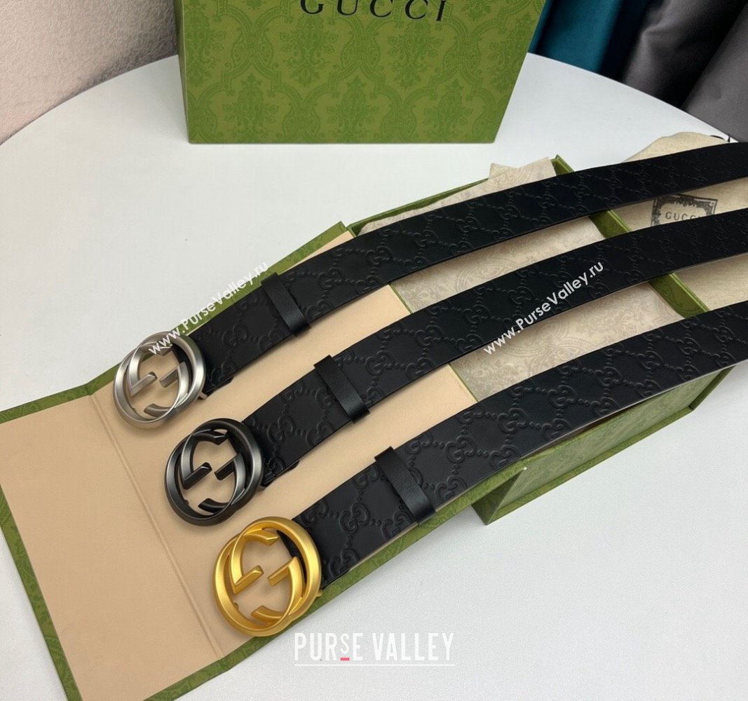 Gucci Black GG Leather Belt 4cm with Interlocking G 2024 040802 (99-240408104)
