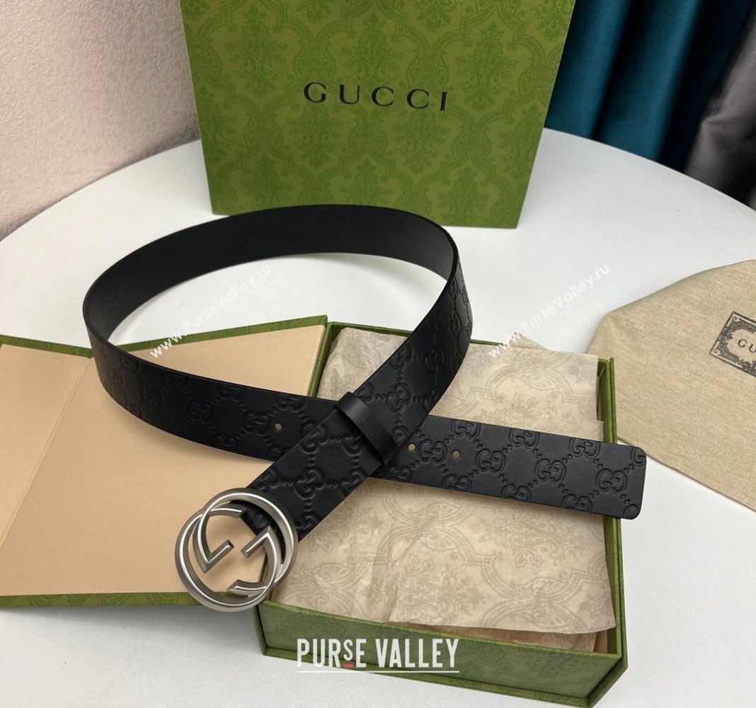 Gucci Black GG Leather Belt 4cm with Interlocking G 2024 040802 (99-240408104)