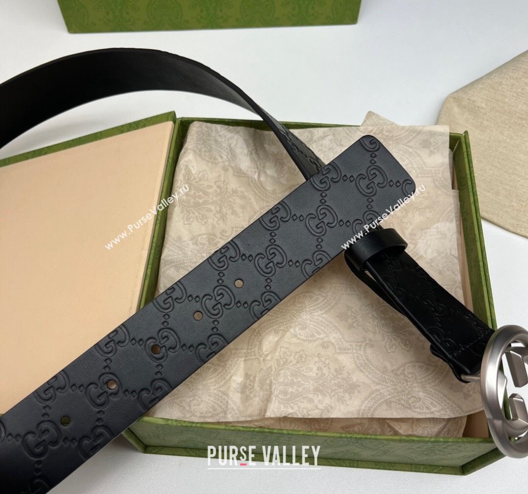 Gucci Black GG Leather Belt 4cm with Interlocking G 2024 040802 (99-240408104)