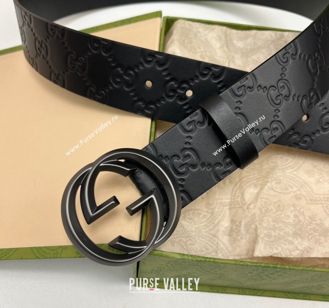 Gucci Black GG Leather Belt 4cm with Interlocking G 2024 040802 (99-240408104)