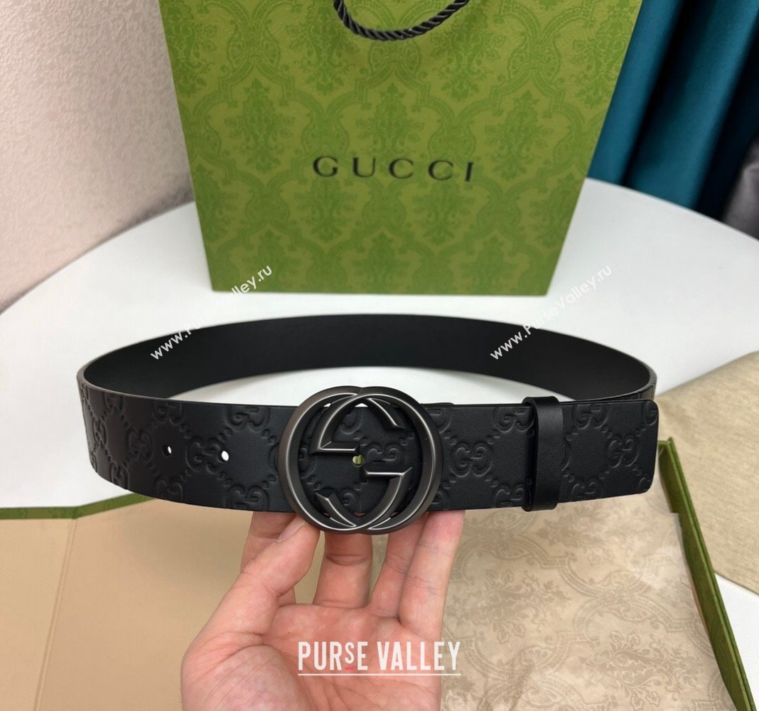 Gucci Black GG Leather Belt 4cm with Interlocking G 2024 040802 (99-240408104)