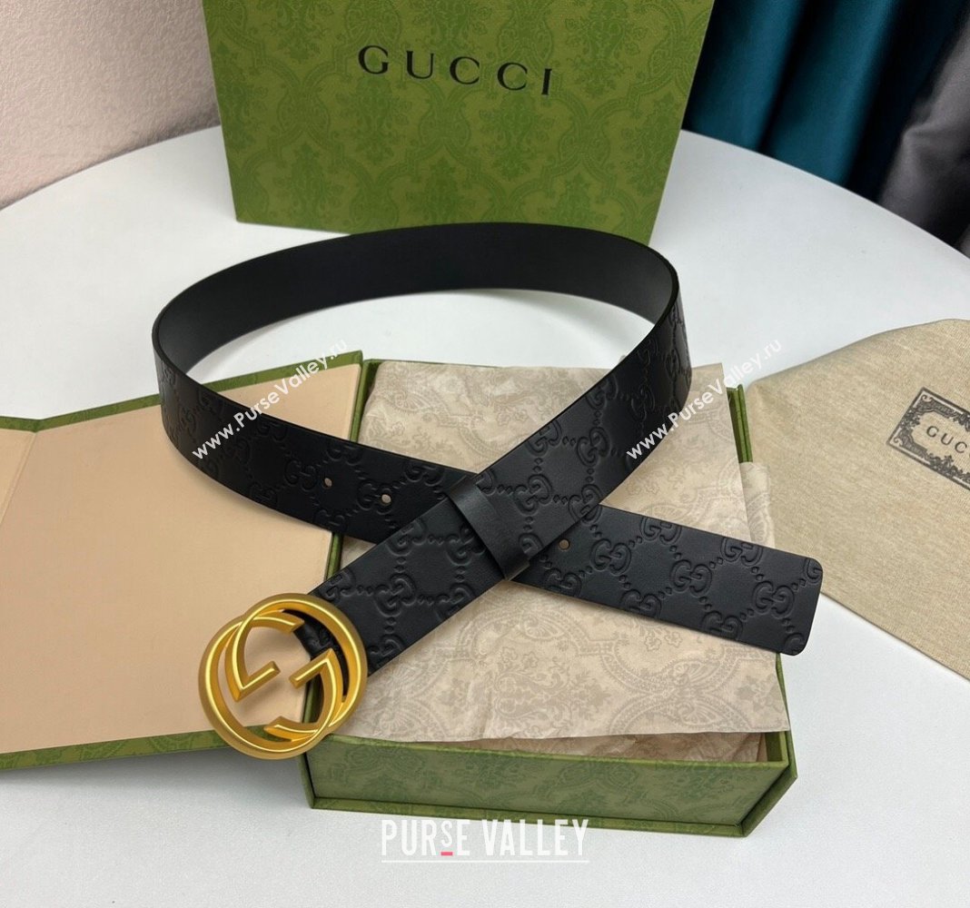 Gucci Black GG Leather Belt 4cm with Interlocking G 2024 040802 (99-240408104)