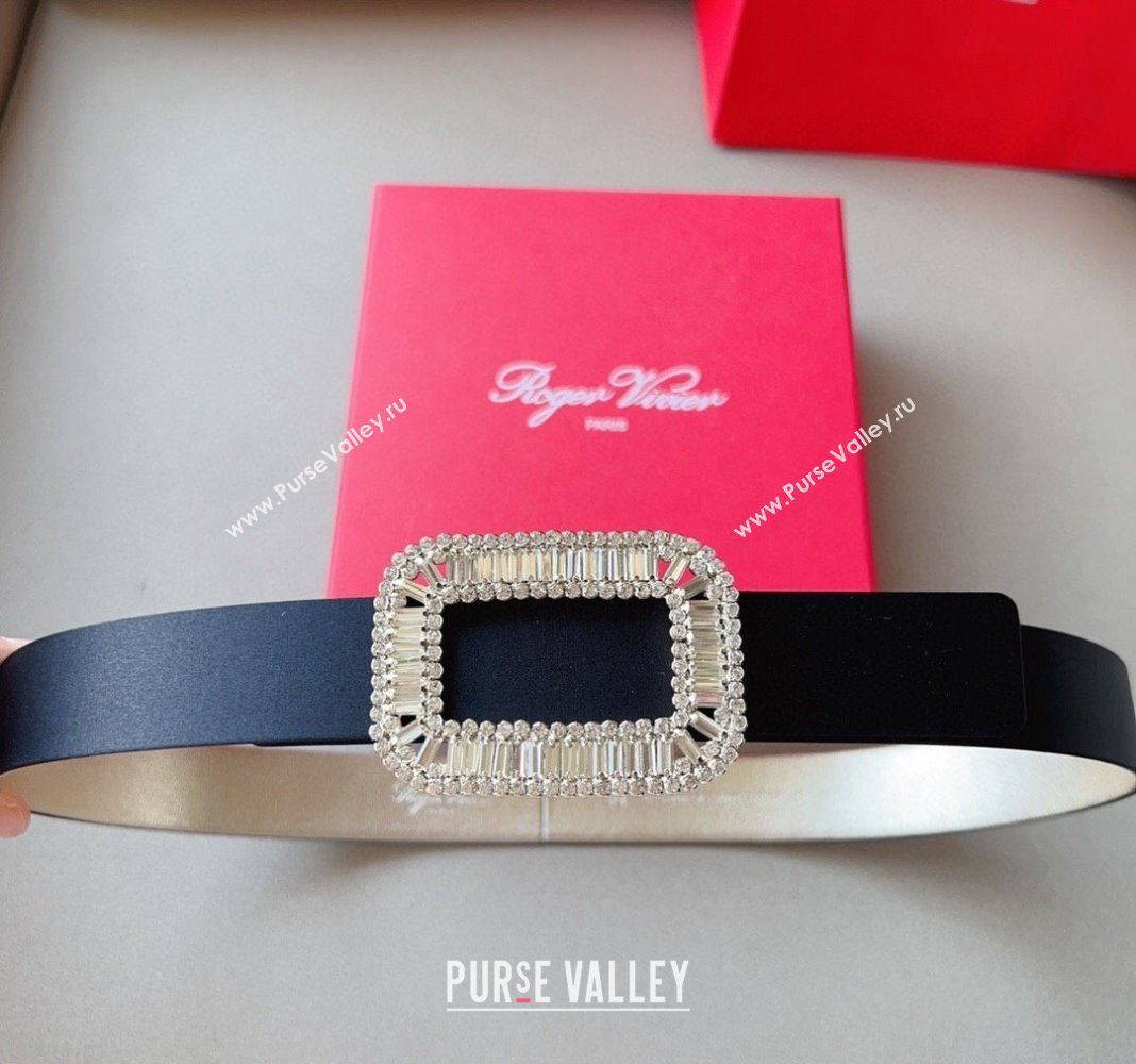 Roger Vivier Satin Belt 3cm with Flower Strass Buckle Black 2024 040801 (99-240408105)