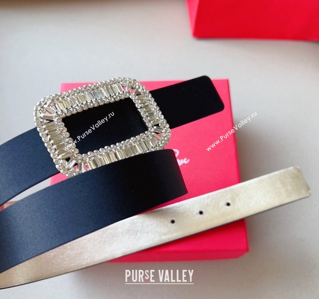 Roger Vivier Satin Belt 3cm with Flower Strass Buckle Black 2024 040801 (99-240408105)