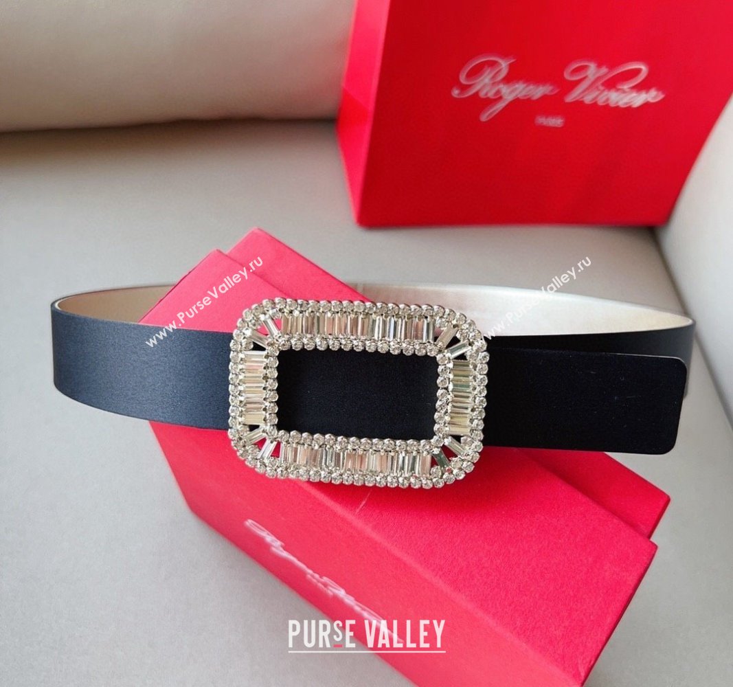 Roger Vivier Satin Belt 3cm with Flower Strass Buckle Black 2024 040801 (99-240408105)