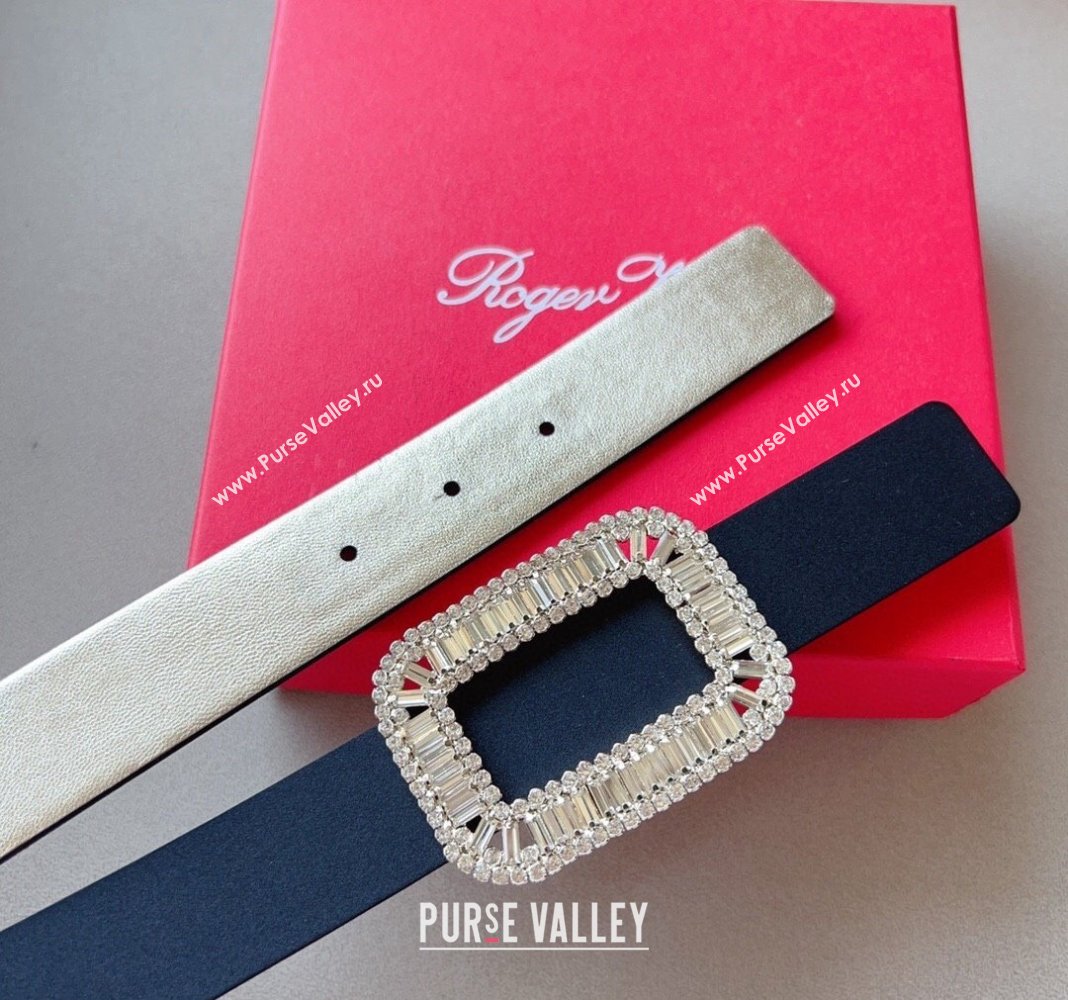 Roger Vivier Satin Belt 3cm with Flower Strass Buckle Black 2024 040801 (99-240408105)