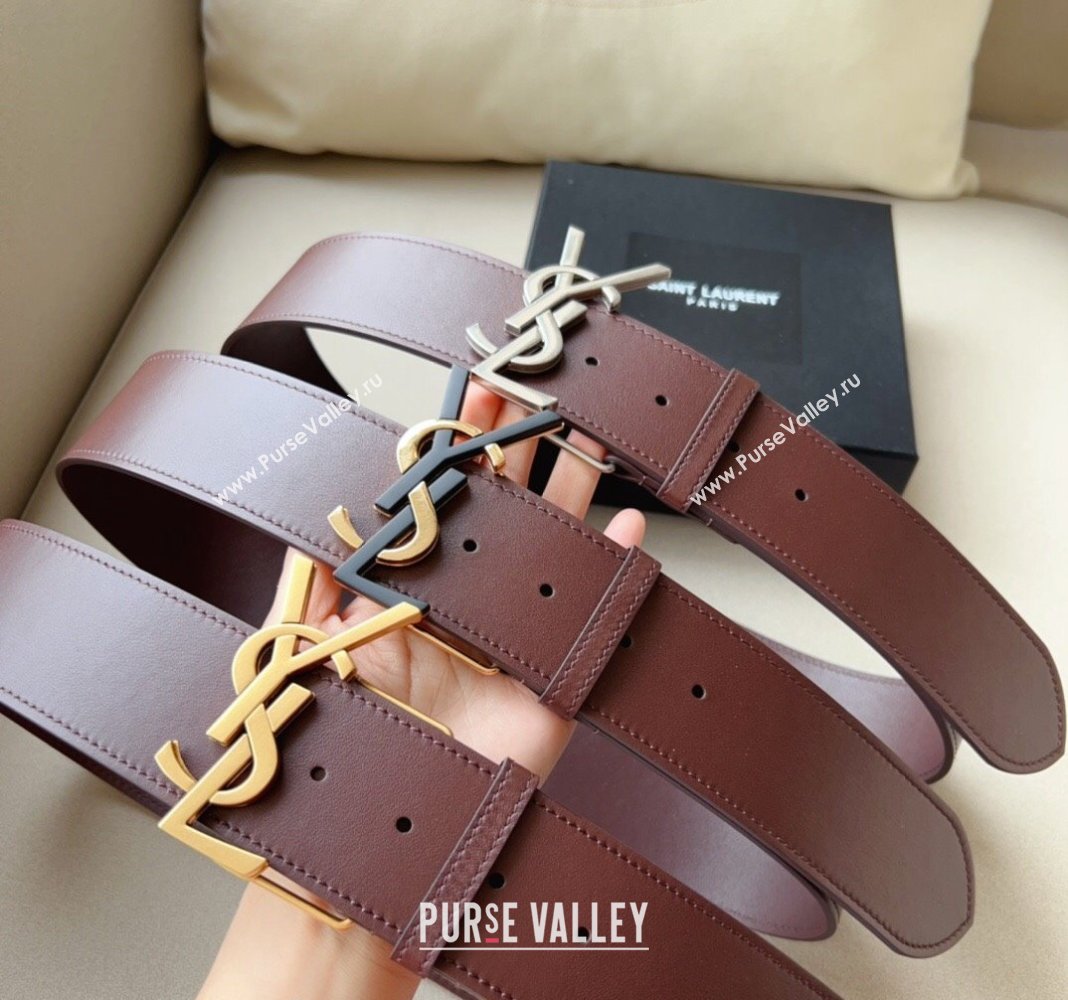 Saint Laurent Leather Wide Belt 5cm with YSL Buckle Burgundy 2024 0408 (99-240408113)