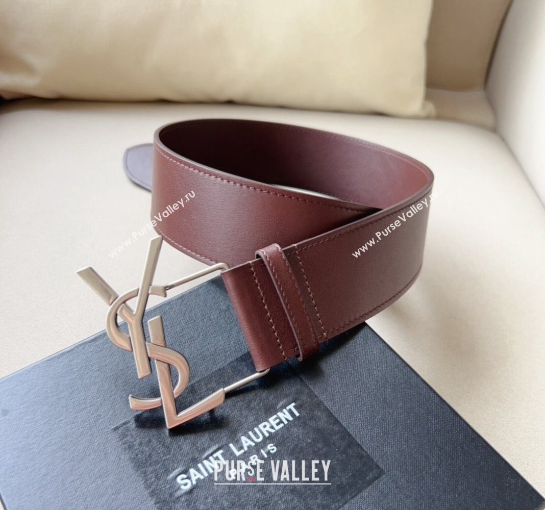 Saint Laurent Leather Wide Belt 5cm with YSL Buckle Burgundy 2024 0408 (99-240408113)