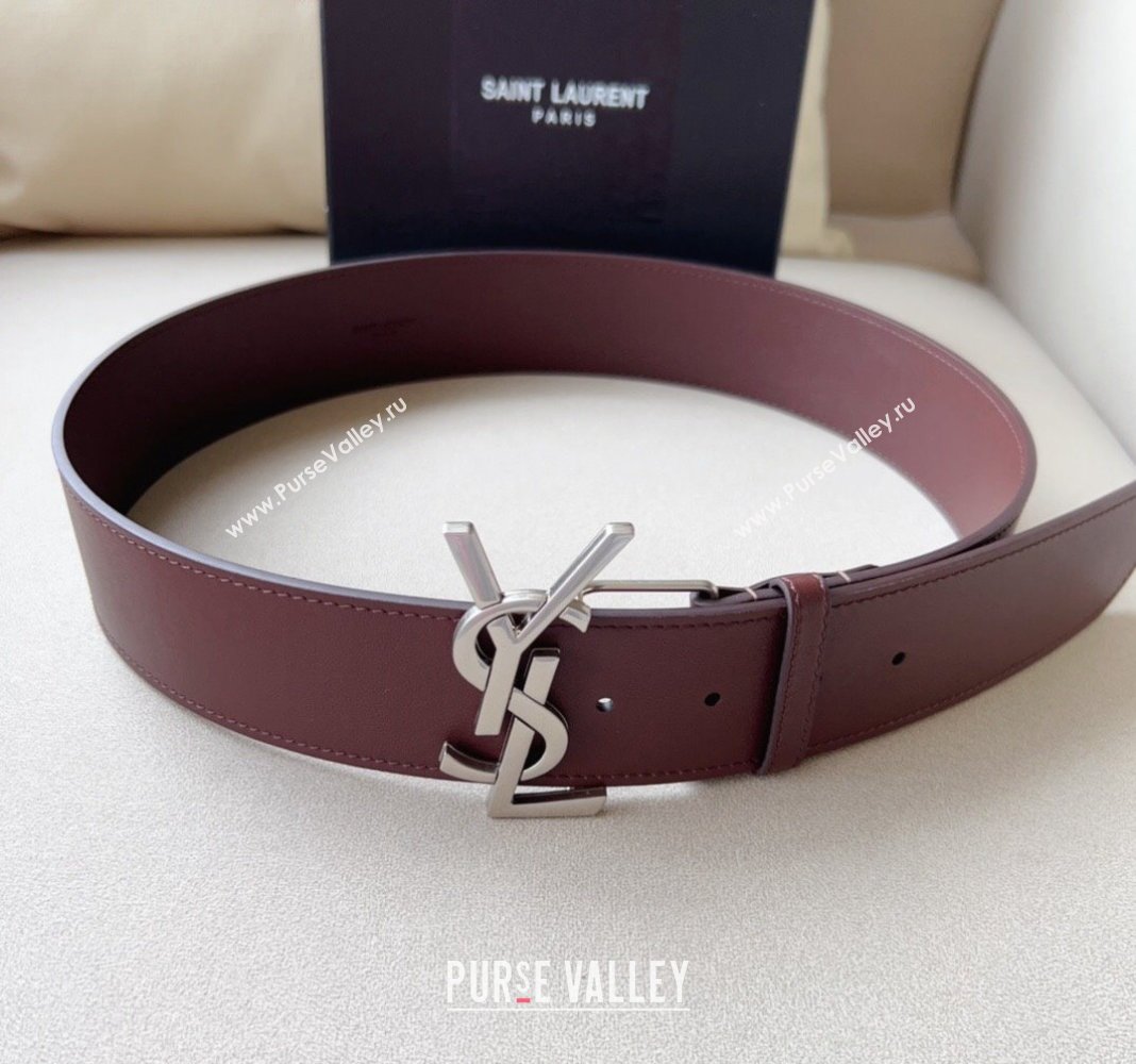 Saint Laurent Leather Wide Belt 5cm with YSL Buckle Burgundy 2024 0408 (99-240408113)