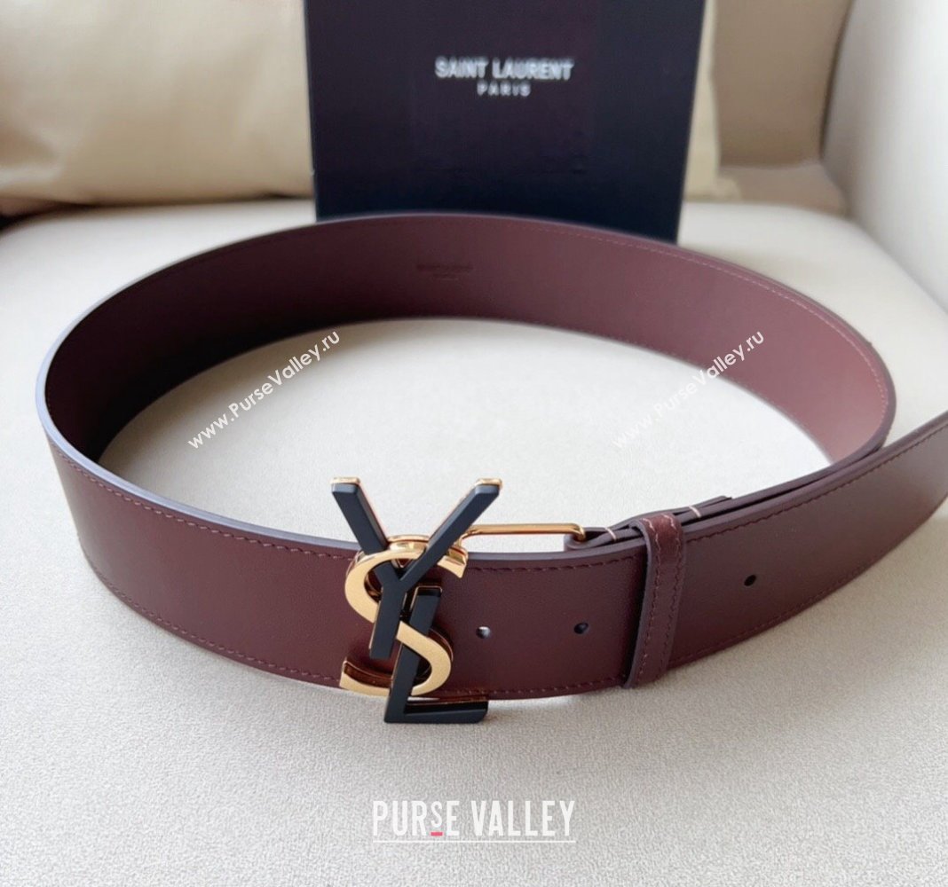 Saint Laurent Leather Wide Belt 5cm with YSL Buckle Burgundy 2024 0408 (99-240408113)