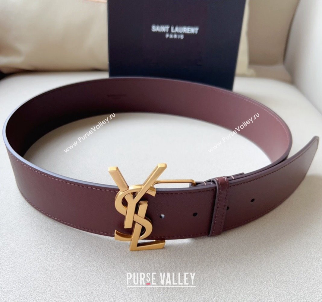 Saint Laurent Leather Wide Belt 5cm with YSL Buckle Burgundy 2024 0408 (99-240408113)