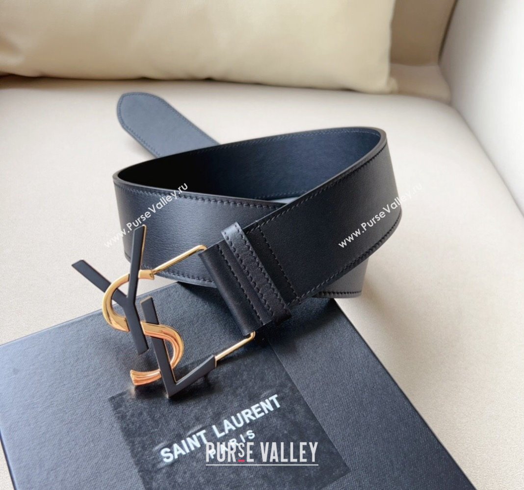Saint Laurent Leather Wide Belt 5cm with YSL Buckle Black 2024 0408 (99-240408114)