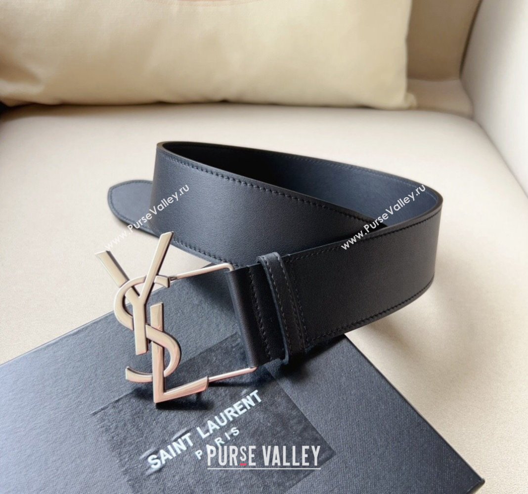Saint Laurent Leather Wide Belt 5cm with YSL Buckle Black 2024 0408 (99-240408114)