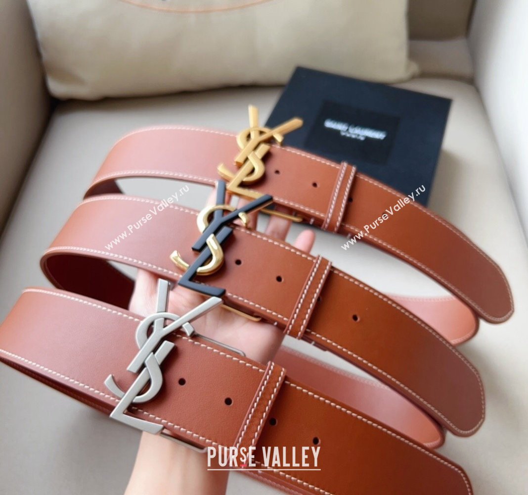 Saint Laurent Leather Wide Belt 5cm with YSL Buckle Silver 2024 0408 (99-240408115)