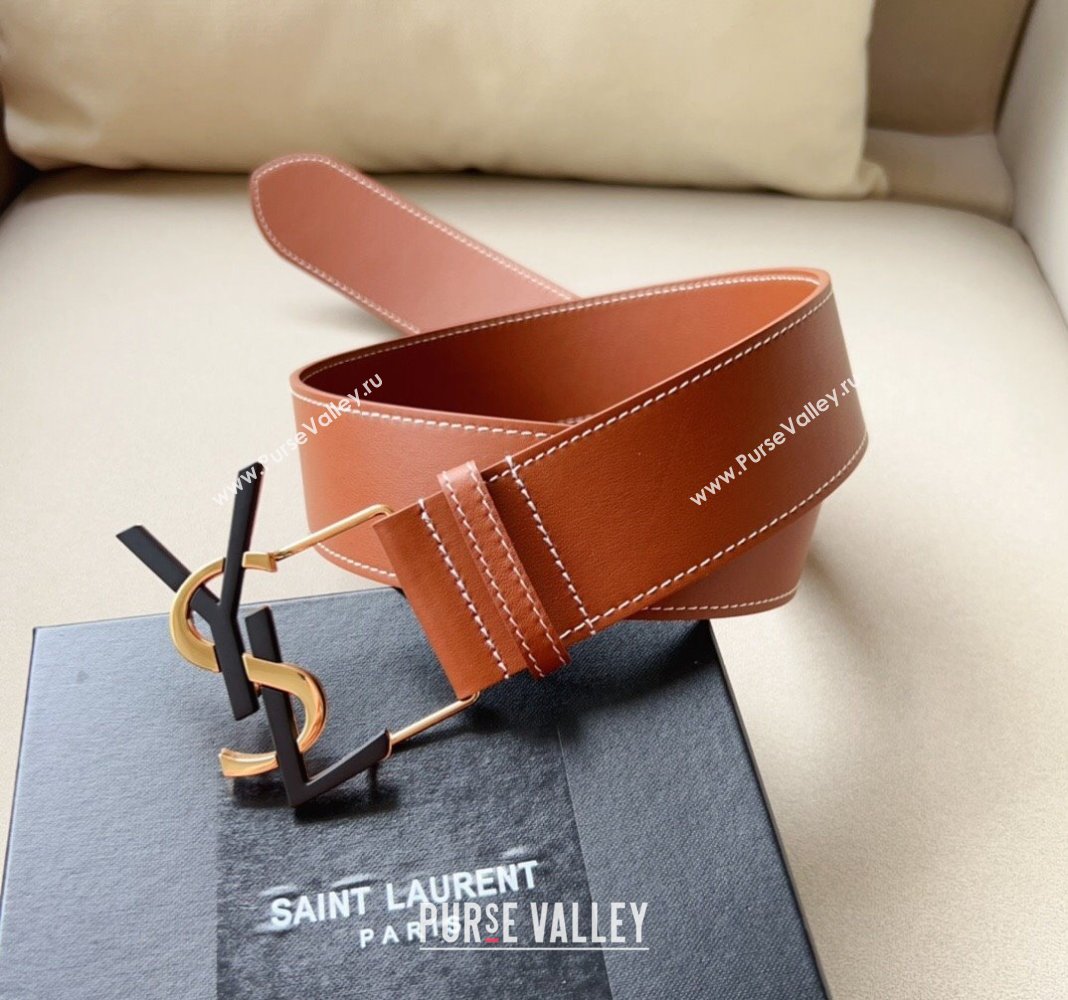 Saint Laurent Leather Wide Belt 5cm with YSL Buckle Silver 2024 0408 (99-240408115)