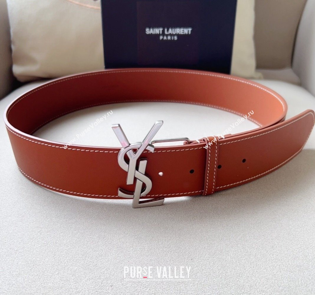 Saint Laurent Leather Wide Belt 5cm with YSL Buckle Silver 2024 0408 (99-240408115)