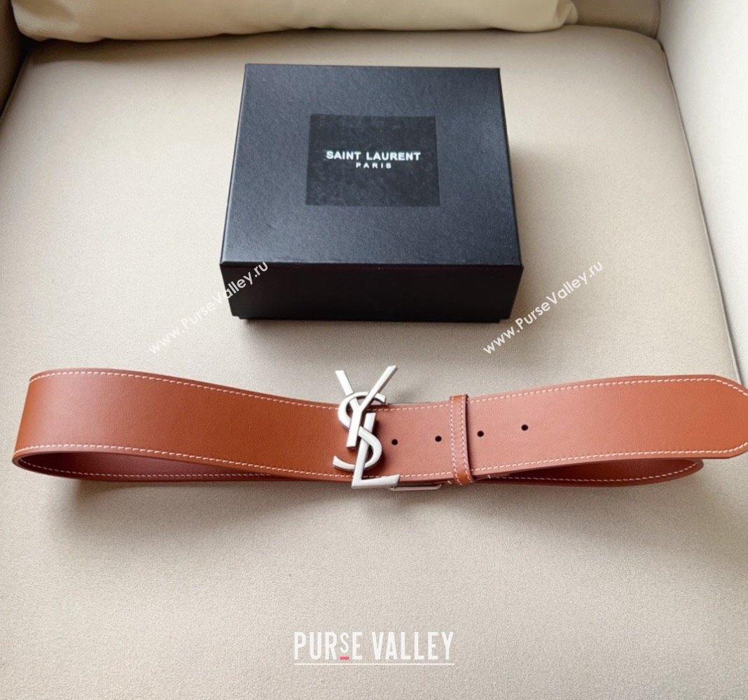 Saint Laurent Leather Wide Belt 5cm with YSL Buckle Silver 2024 0408 (99-240408115)