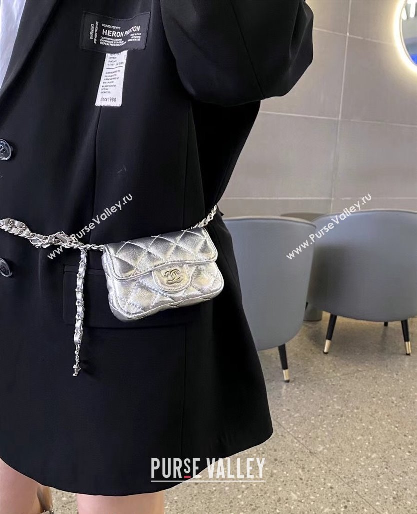 Chanel Quilted Metallic Leather Belt Bag Silver 2024 0408 (99-240408130)