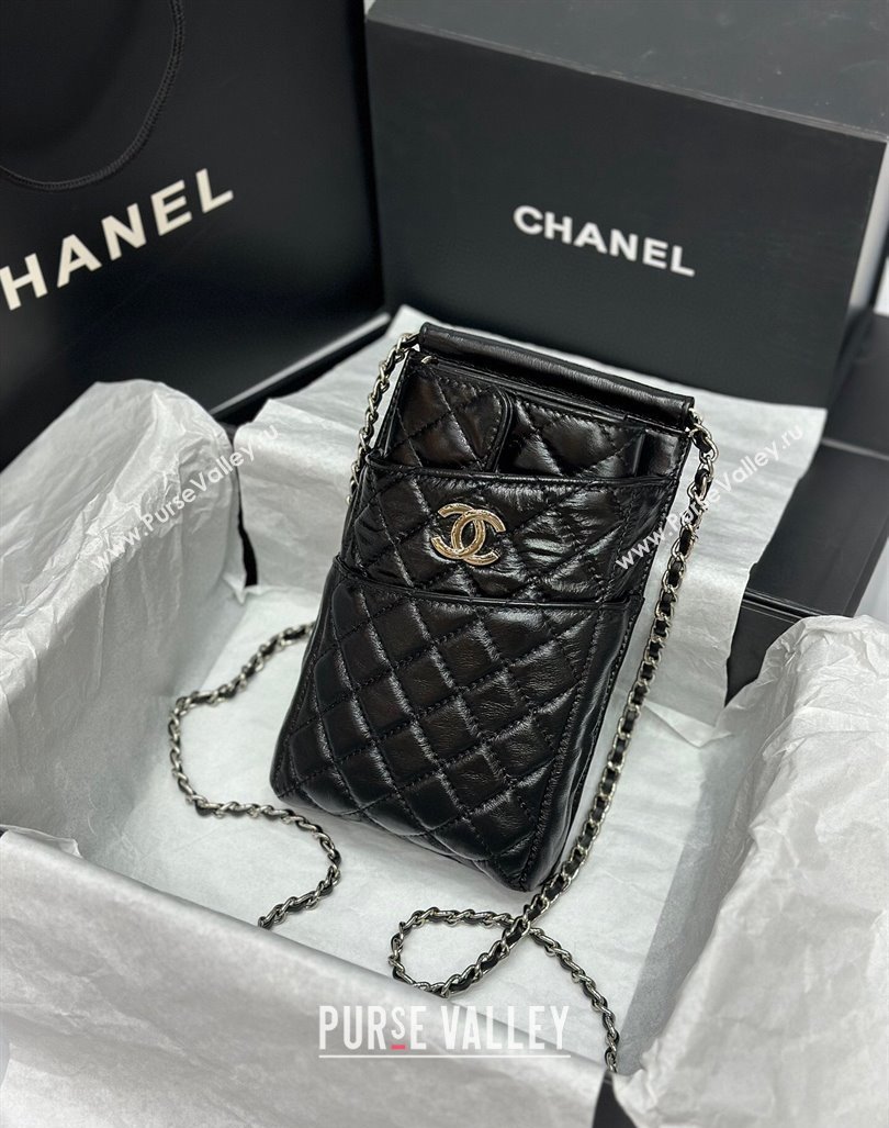 Chanel Quilted Leather Phone Holder Wallet WOC on Chain Set Black 2023 0407 (99-240408131)