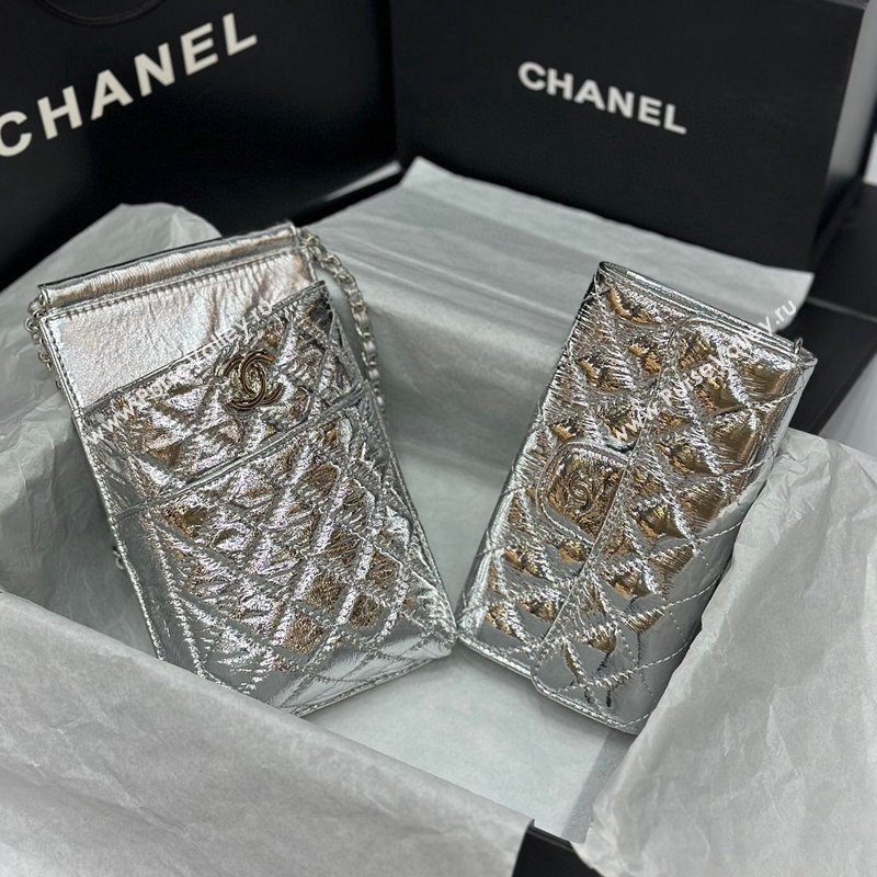 Chanel Quilted Leather Phone Holder Wallet WOC on Chain Set Silver 2023 0407 (99-240408132)