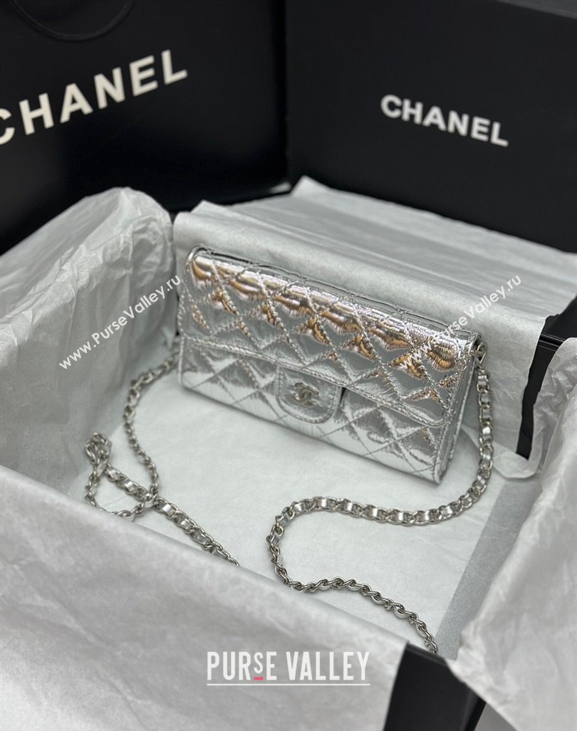 Chanel Quilted Leather Phone Holder Wallet WOC on Chain Set Silver 2023 0407 (99-240408132)