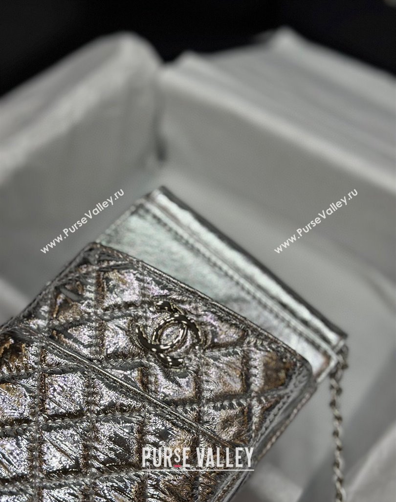 Chanel Quilted Leather Phone Holder Wallet WOC on Chain Set Silver 2023 0407 (99-240408132)