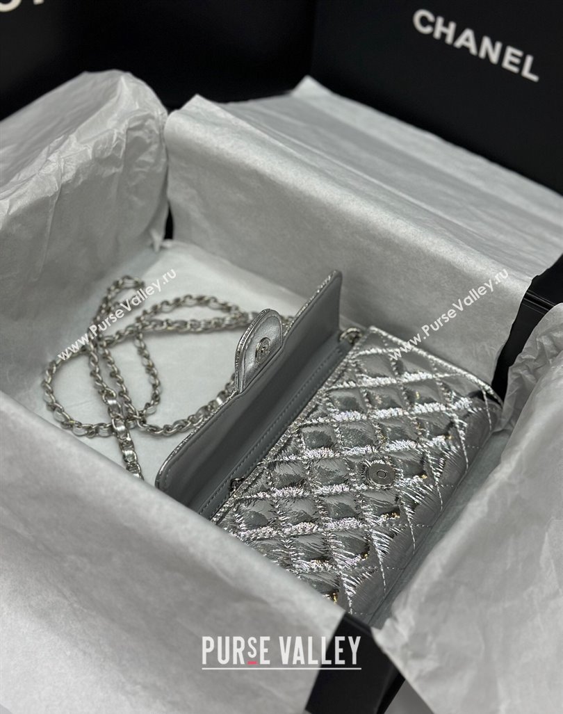Chanel Quilted Leather Phone Holder Wallet WOC on Chain Set Silver 2023 0407 (99-240408132)